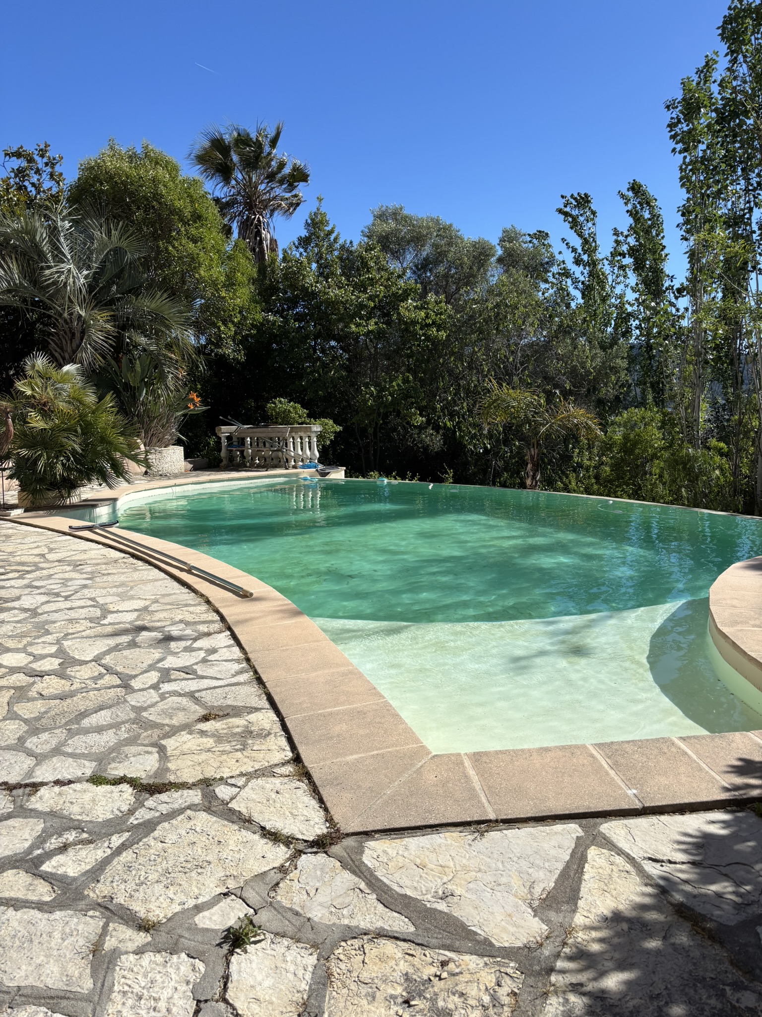 piscine à débordement et jardin méditerranéen au coucher du soleil